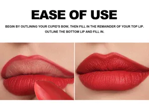 Matte lipstick detail view showing application steps and rich color swatch for smooth lips.
