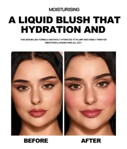 Liquid blush detail showing before and after effect, moisturizing formula for smooth skin.