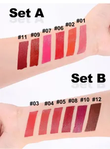Matte liquid lipstick arm swatches set, long lasting waterproof velvet lip tint makeup set.