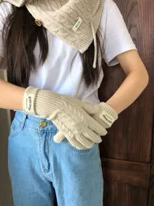 Beige knit gloves and scarf set for women, cozy winter warm cable knit thermal accessories.