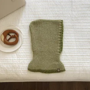 Korean style green knitted balaclava hat and scarf all-in-one winter warm woolen cap fashion.