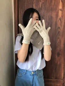Beige cable knit winter gloves for women warm thick soft cozy daily wear outdoor fashion style