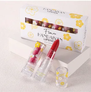 Handaiyan matte lipstick set detail, featuring clear floral tubes and elegant packaging design.