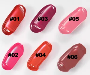 Liquid blush texture detail showing six glossy color swatches from shade 01 to 06.