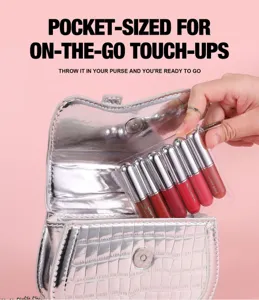 Portable 6-piece capsule lip gloss set with waterproof matte finish for easy on-the-go touchups.
