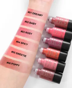 HANDAIYAN 6-color liquid blush detail showing arm swatches and elegant product bottles.