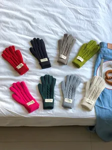 Winter warm knitted five-finger gloves, cable knit design, soft colorful cozy mittens.