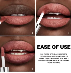 Matte liquid lipstick detail showing application steps and capsule design for long-lasting wear.