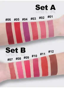Matte lip gloss arm swatch detail view showing twelve vibrant shades from set A and B.