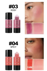 Liquid blush texture swatch and model application detail showing shade colors #03 and #04 clearly.