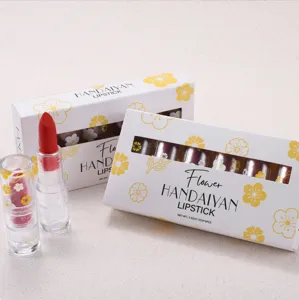 Close-up of Handaiyan 6-color matte lipstick set with delicate flower patterns and smooth texture.
