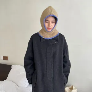 Korean style knitted balaclava winter warm solid color hooded scarf fashion hat women