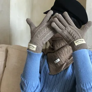 Winter warm cable knit gloves and neck warmer set for women, stylish brown thermal knitted wear.