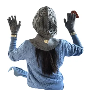 Women winter knitted hooded scarf and cable knit gloves set warm cozy thermal gray blue