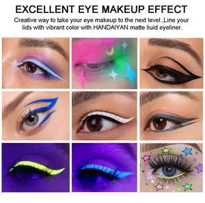 Primo piano sui dettagli degli effetti di trucco eyeliner liquido neon opaco e colorato.