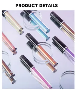 Close-up detail shot of shimmering liquid eyeshadow tubes with sparkling glitter and fine pearl.