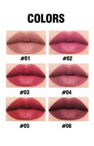 Set di rossetto opaco in velluto campioni di colore che mostrano sei sfumature per il trucco.
