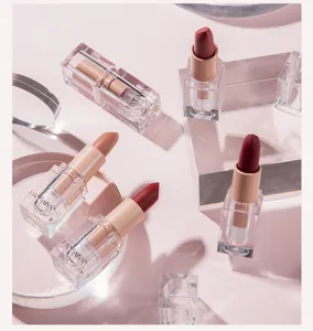Detailed shot of HANDAIYAN matte nude lipsticks in clear square tubes on pink display.