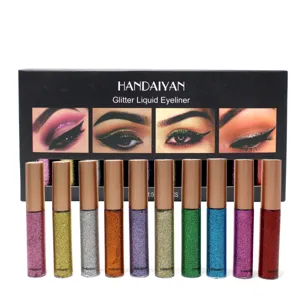 Close-up detail of 10 colors glitter liquid eyeliner set with sparkling pearl effects.