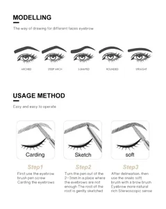 Detailed instruction guide for dual-head eyebrow pencil showing easy usage steps and shapes.