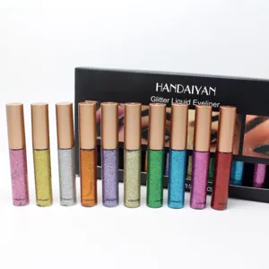 Glitter liquid eyeliner 10 colors set with shimmering pearlescent effect for stage makeup.