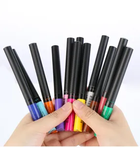 Vista dettagliata di eyeliner liquidi colorati tenuti in mano, opachi e lunga durata.