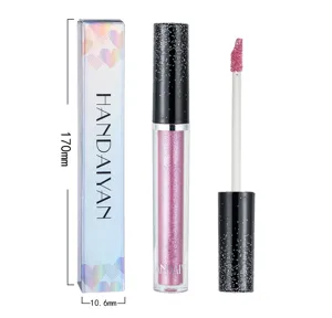 Handaiyan liquid eyeshadow detail featuring shimmering pink glitter, applicator brush and box.