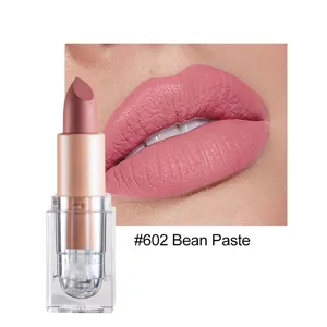 Matte lipstick detail view showing the nude bean paste shade and lip swatch texture.