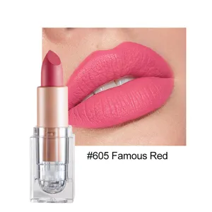 Matte lipstick detail view showing product tube and smooth pink lip color swatch #605.