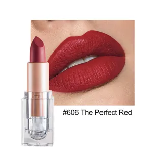 Matte lipstick with a transparent square tube and gorgeous red shade #606 for daily makeup.