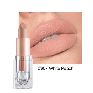Matte lipstick in #607 White Peach nude shade with clear tube packaging design.