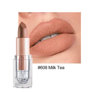 Matte nude lipstick detail, milk tea shade #608, long-lasting smooth texture for makeup.