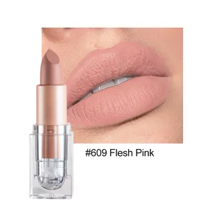 Matte nude lipstick with smooth long-lasting formula, featuring flesh pink color shade #609.