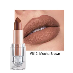 Matte nude lipstick detail view showcasing smooth texture and shade 612 mocha brown swatch.