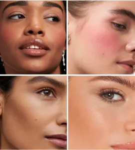 Detail view of multi-use makeup palette showing natural blush and highlighter effects on skin.