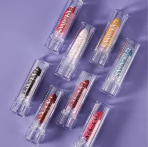Detail shot of 8-piece matte waterproof lipstick set in clear tubes by Handaiyan.