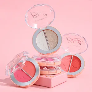 Dual-color blush palette detail featuring pearlescent matte powder and transparent case.
