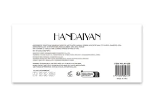 Closeup detail view of the cosmetic product packaging label showing ingredients and batch info.