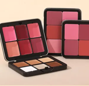 Multi-purpose 12-color metal tin makeup palette detail showing creamy blush and concealer shades.