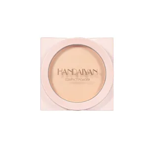 Caja de polvos compactos cuadrados rosa vista frontal, maquillaje facial matificante.