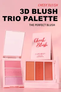Handaiyan 3D Blush Trio Palette Detailansicht, rosa Verpackung mit Spiegel und drei Nuancen.