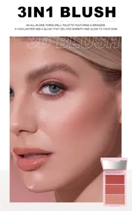 Detailansicht der 3-in-1 Rouge-, Bronzer- und Highlighter-Palette für einen strahlenden Teint.