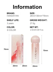 Gedetailleerd weergave van liptint met flesafmetingen, 2,5 ml inhoud en 3 jaar houdbaarheid.