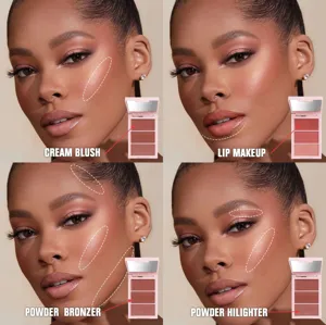 Mehrfarbige Gesichts Make-up Palette Detail zeigt Rouge, Highlighter und Bronzer Effekt.