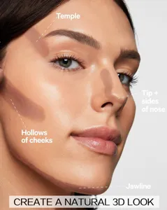 Guida al contouring professionale che mostra il posizionamento preciso per un look 3D.