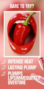 Vue détaillée du repulpant à lèvres brillant, éclat rouge vif et hydratation intense.