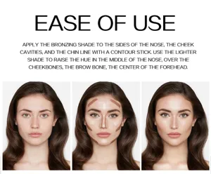 Dettaglio dello stick di contouring con passaggi di applicazione per ombreggiatura naturale.
