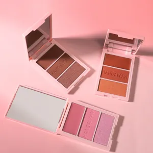 Dreifarbige Blush Highlighter Kontur Palette mit Spiegel rosa Verpackung fuer das Make-up.