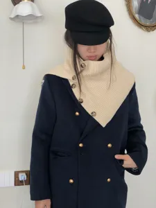 Knitted button neck warmer scarf for women, cozy winter thermal snood detail view.