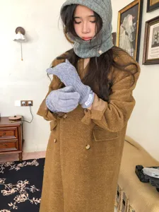 Cozy wool knitted balaclava hood scarf and warm winter gloves set, soft thermal stylish wear.